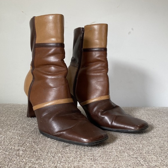 Signature Studio Shoes - Vintage Y2K Patchwork Faux Leather Booties Boots Size 8M Square Toe Boho Brown